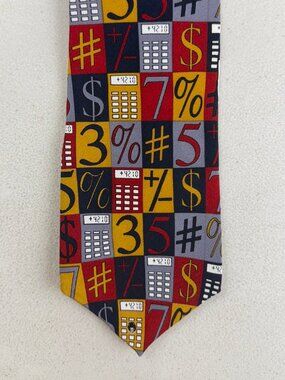 Vintage Silk Accounting Math Tie Y2K Vicky Davis Money Numbers Calculator Adding
